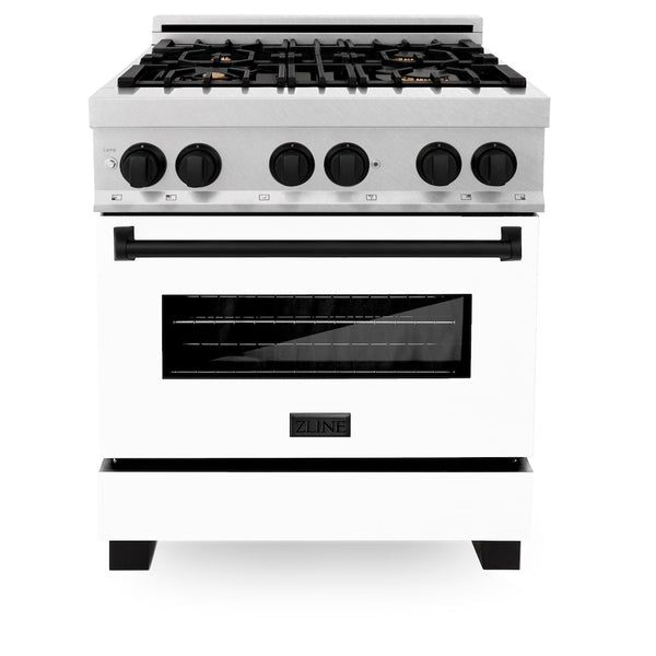 ZLINE Autograph Edition 30 in. 4.0 cu. ft. Legacy Dual Fuel Range with 4 Burner Gas Cooktop and Electric Convection Oven in Satin Stainless Steel with White Matte Door and Matte Black Accents, Open Box-Good Condition