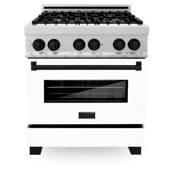 ZLINE Autograph Edition 30 in. 4.0 cu. ft. Legacy Dual Fuel Range with 4 Burner Gas Cooktop and Electric Convection Oven in Satin Stainless Steel with White Matte Door and Matte Black Accents, Open Box-Great Condition