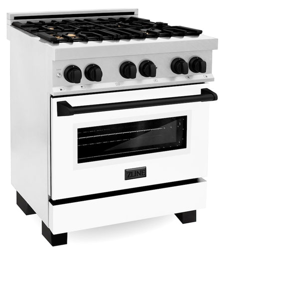 ZLINE Autograph Edition 30 in. 4.0 cu. ft. Legacy Dual Fuel Range with 4 Burner Gas Cooktop and Electric Convection Oven in Satin Stainless Steel with White Matte Door and Matte Black Accents, Open Box-Great Condition