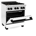 ZLINE Autograph Edition 30 in. 4.0 cu. ft. Legacy Dual Fuel Range with 4 Burner Gas Cooktop and Electric Convection Oven in Satin Stainless Steel with White Matte Door and Matte Black Accents (RASZ-WM-30-MB)