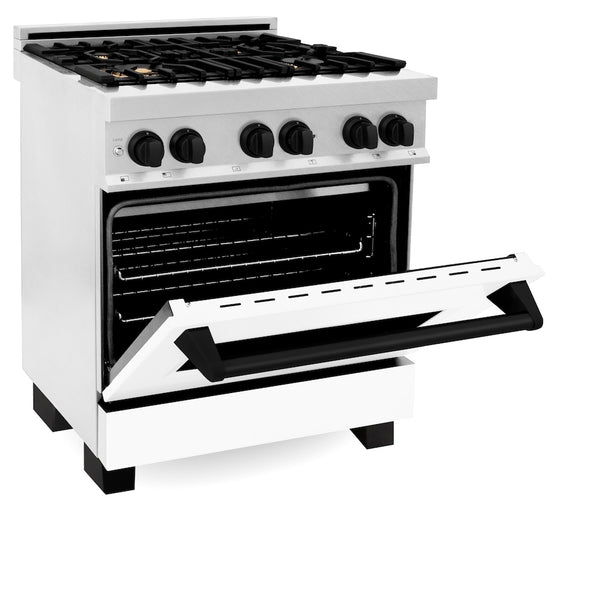 ZLINE Autograph Edition 30 in. 4.0 cu. ft. Legacy Dual Fuel Range with 4 Burner Gas Cooktop and Electric Convection Oven in Satin Stainless Steel with White Matte Door and Matte Black Accents, Open Box-Great Condition