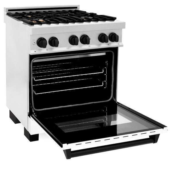 ZLINE Autograph Edition 30 in. 4.0 cu. ft. Legacy Dual Fuel Range with 4 Burner Gas Cooktop and Electric Convection Oven in Satin Stainless Steel with White Matte Door and Matte Black Accents, Open Box-Great Condition
