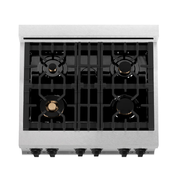 ZLINE Autograph Edition 30 in. 4.0 cu. ft. Legacy Dual Fuel Range with 4 Burner Gas Cooktop and Electric Convection Oven in Satin Stainless Steel with White Matte Door and Matte Black Accents (RASZ-WM-30-MB)
