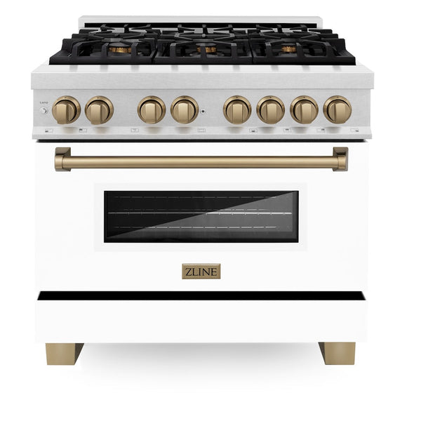 ZLINE Autograph Edition 36 in. 4.6 cu. ft. Legacy Dual Fuel Range with 6 Burner Gas Cooktop and Electric Convection Oven in Satin Stainless Steel with White Matte Door and Champagne Bronze Accents, Open Box-Good Condition