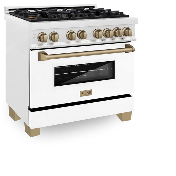 ZLINE Autograph Edition 36 in. 4.6 cu. ft. Legacy Dual Fuel Range with 6 Burner Gas Cooktop and Electric Convection Oven in Satin Stainless Steel with White Matte Door and Champagne Bronze Accents, Open Box-Good Condition
