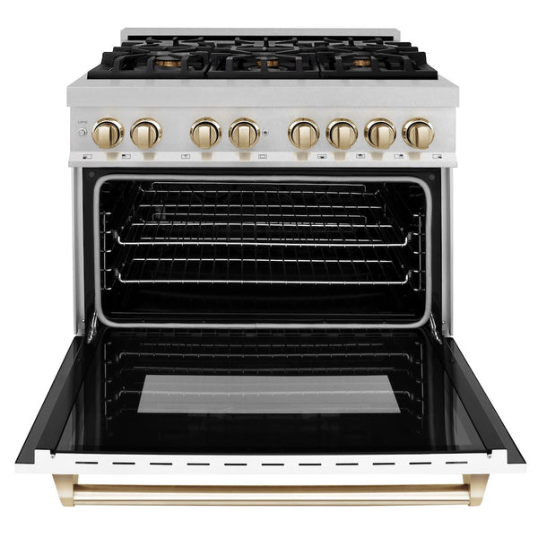 ZLINE Autograph Edition 36 in. 4.6 cu. ft. Legacy Dual Fuel Range with 6 Burner Gas Cooktop and Electric Convection Oven in Satin Stainless Steel with White Matte Door and Polished Gold Accents, Open Box-Good Condition