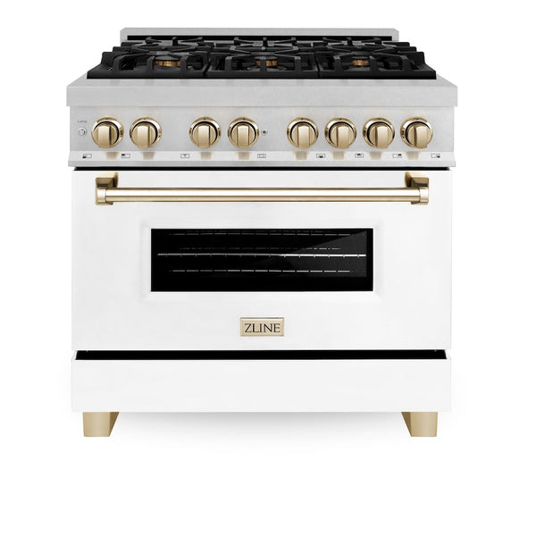 ZLINE Autograph Edition 36 in. 4.6 cu. ft. Legacy Dual Fuel Range with 6 Burner Gas Cooktop and Electric Convection Oven in Satin Stainless Steel with White Matte Door and Polished Gold Accents, Open Box-Good Condition