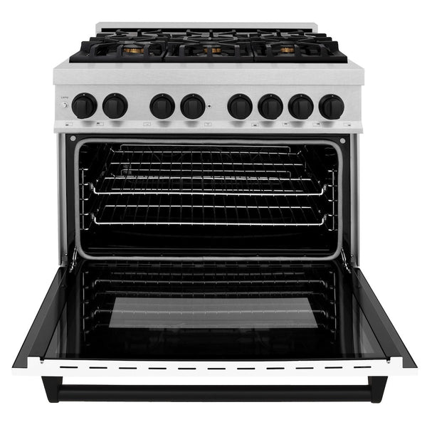 ZLINE Autograph Edition 36 in. 4.6 cu. ft. Legacy Dual Fuel Range with 6 Burner Gas Cooktop and Electric Convection Oven in Satin Stainless Steel with White Matte Door and Matte Black Accents, Open Box-Good Condition