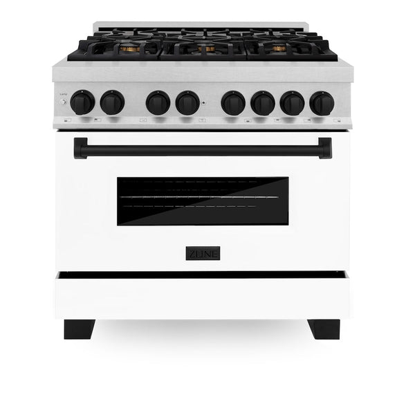 ZLINE Autograph Edition 36 in. 4.6 cu. ft. Legacy Dual Fuel Range with 6 Burner Gas Cooktop and Electric Convection Oven in Satin Stainless Steel with White Matte Door and Matte Black Accents, Open Box-Good Condition