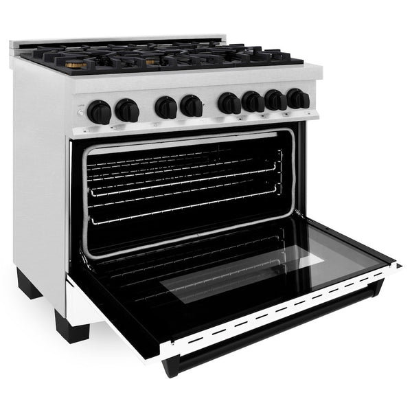 ZLINE Autograph Edition 36 in. 4.6 cu. ft. Legacy Dual Fuel Range with 6 Burner Gas Cooktop and Electric Convection Oven in Satin Stainless Steel with White Matte Door and Matte Black Accents, Open Box-Good Condition