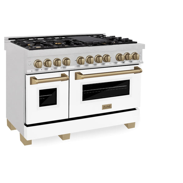 ZLINE Autograph Edition 48 in. 6.0 cu. ft. Legacy Dual Fuel Range with 7 Burner Gas Cooktop and 2 Electric Ovens in Satin Stainless Steel with White Matte Doors and Champagne Bronze Accents, Open Box-Great Condition