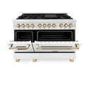 ZLINE Autograph Edition 48 in. 6.0 cu. ft. Legacy Dual Fuel Range with 7 Burner Gas Cooktop and 2 Electric Ovens in Satin Stainless Steel with White Matte Doors and Polished Gold Accents, Open Box-Good Condition