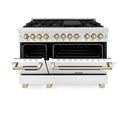 ZLINE Autograph Edition 48 in. 6.0 cu. ft. Legacy Dual Fuel Range with 7 Burner Gas Cooktop and 2 Electric Ovens in Satin Stainless Steel with White Matte Doors and Polished Gold Accents, Open Box-Great Condition