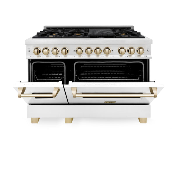 ZLINE Autograph Edition 48 in. 6.0 cu. ft. Legacy Dual Fuel Range with 7 Burner Gas Cooktop and 2 Electric Ovens in Satin Stainless Steel with White Matte Doors and Polished Gold Accents, Open Box-Great Condition