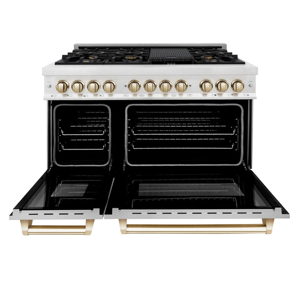 ZLINE Autograph Edition 48 in. 6.0 cu. ft. Legacy Dual Fuel Range with 7 Burner Gas Cooktop and 2 Electric Ovens in Satin Stainless Steel with White Matte Doors and Polished Gold Accents, Open Box-Great Condition