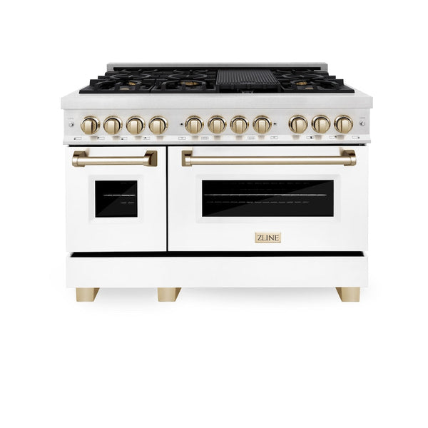 ZLINE Autograph Edition 48 in. 6.0 cu. ft. Legacy Dual Fuel Range with 7 Burner Gas Cooktop and 2 Electric Ovens in Satin Stainless Steel with White Matte Doors and Polished Gold Accents, Open Box-Good Condition