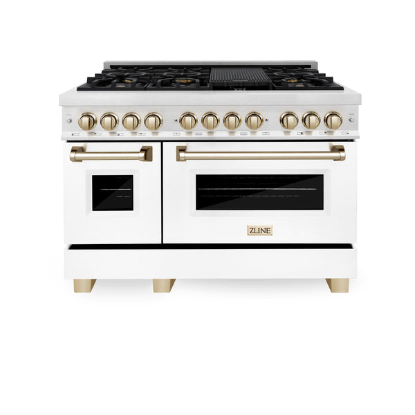 ZLINE Autograph Edition 48 in. 6.0 cu. ft. Legacy Dual Fuel Range with 7 Burner Gas Cooktop and 2 Electric Ovens in Satin Stainless Steel with White Matte Doors and Polished Gold Accents, Open Box-Great Condition