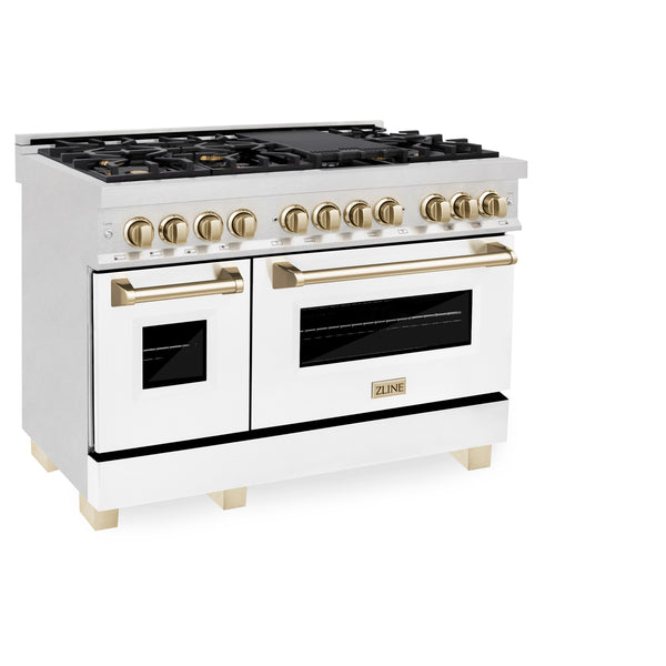 ZLINE Autograph Edition 48 in. 6.0 cu. ft. Legacy Dual Fuel Range with 7 Burner Gas Cooktop and 2 Electric Ovens in Satin Stainless Steel with White Matte Doors and Polished Gold Accents, Open Box-Great Condition