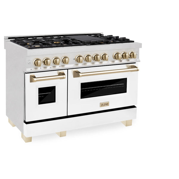 ZLINE Autograph Edition 48 in. 6.0 cu. ft. Legacy Dual Fuel Range with 7 Burner Gas Cooktop and 2 Electric Ovens in Satin Stainless Steel with White Matte Doors and Polished Gold Accents, Open Box-Good Condition