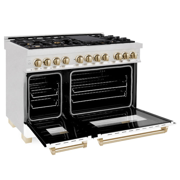 ZLINE Autograph Edition 48 in. 6.0 cu. ft. Legacy Dual Fuel Range with 7 Burner Gas Cooktop and 2 Electric Ovens in Satin Stainless Steel with White Matte Doors and Polished Gold Accents, Open Box-Good Condition