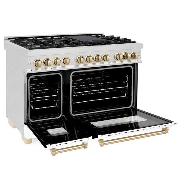 ZLINE Autograph Edition 48 in. 6.0 cu. ft. Legacy Dual Fuel Range with 7 Burner Gas Cooktop and 2 Electric Ovens in Satin Stainless Steel with White Matte Doors and Polished Gold Accents, Open Box-Great Condition