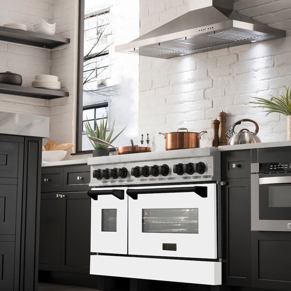 ZLINE Autograph Edition 48 in. 6.0 cu. ft. Legacy Dual Fuel Range with 7 Burner Gas Cooktop and 2 Electric Ovens in Satin Stainless Steel with White Matte Doors and Matte Black Accents, Open Box-Great Condition