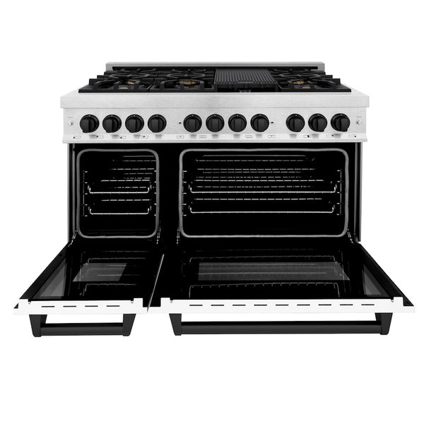 ZLINE Autograph Edition 48 in. 6.0 cu. ft. Legacy Dual Fuel Range with 7 Burner Gas Cooktop and 2 Electric Ovens in Satin Stainless Steel with White Matte Doors and Matte Black Accents, Open Box-Great Condition