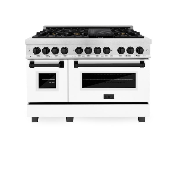 ZLINE Autograph Edition 48 in. 6.0 cu. ft. Legacy Dual Fuel Range with 7 Burner Gas Cooktop and 2 Electric Ovens in Satin Stainless Steel with White Matte Doors and Matte Black Accents, Open Box-Great Condition