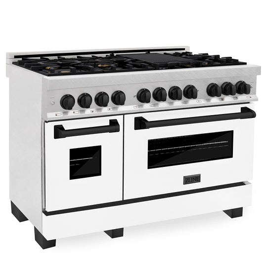 ZLINE Autograph Edition 48 in. 6.0 cu. ft. Legacy Dual Fuel Range with 7 Burner Gas Cooktop and 2 Electric Ovens in Satin Stainless Steel with White Matte Doors and Matte Black Accents (RASZ-WM-48-MB)
