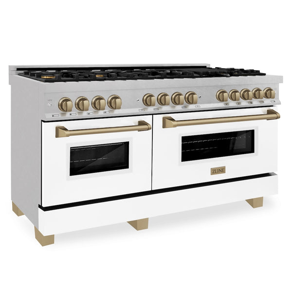 ZLINE Autograph Edition 60 in. 7.4 cu. ft. Legacy Dual Fuel Range with 9 Burner Gas Cooktop and 2 Electric Convection Ovens in Satin Stainless Steel with White Matte Doors and Champagne Bronze Accents, Open Box-Great Condition
