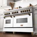 ZLINE Autograph Edition 60 in. 7.4 cu. ft. Legacy Dual Fuel Range with 9 Burner Gas Cooktop and 2 Electric Convection Ovens in Satin Stainless Steel with White Matte Doors and Champagne Bronze Accents, Open Box-Great Condition