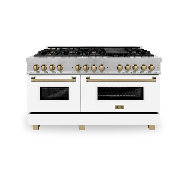 ZLINE Autograph Edition 60 in. 7.4 cu. ft. Legacy Dual Fuel Range with 9 Burner Gas Cooktop and 2 Electric Convection Ovens in Satin Stainless Steel with White Matte Doors and Champagne Bronze Accents (RASZ-WM-60-CB)