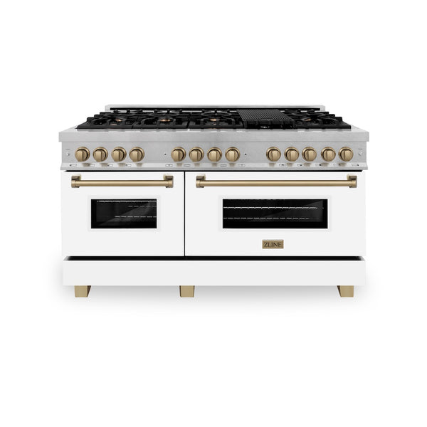 ZLINE Autograph Edition 60 in. 7.4 cu. ft. Legacy Dual Fuel Range with 9 Burner Gas Cooktop and 2 Electric Convection Ovens in Satin Stainless Steel with White Matte Doors and Champagne Bronze Accents, Open Box-Great Condition