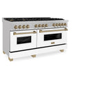 ZLINE Autograph Edition 60 in. 7.4 cu. ft. Legacy Dual Fuel Range with 9 Burner Gas Cooktop and 2 Electric Convection Ovens in Satin Stainless Steel with White Matte Doors and Champagne Bronze Accents, Open Box-Great Condition