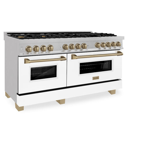 ZLINE Autograph Edition 60 in. 7.4 cu. ft. Legacy Dual Fuel Range with 9 Burner Gas Cooktop and 2 Electric Convection Ovens in Satin Stainless Steel with White Matte Doors and Champagne Bronze Accents, Open Box-Great Condition