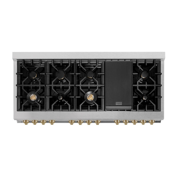 ZLINE Autograph Edition 60 in. 7.4 cu. ft. Legacy Dual Fuel Range with 9 Burner Gas Cooktop and 2 Electric Convection Ovens in Satin Stainless Steel with White Matte Doors and Champagne Bronze Accents, Open Box-Great Condition