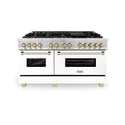 ZLINE Autograph Edition 60 in. 7.4 cu. ft. Legacy Dual Fuel Range with 9 Burner Gas Cooktop and 2 Electric Convection Ovens in Satin Stainless Steel with White Matte Doors and Polished Gold Accents, Open Box-Great Condition