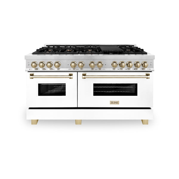 ZLINE Autograph Edition 60 in. 7.4 cu. ft. Legacy Dual Fuel Range with 9 Burner Gas Cooktop and 2 Electric Convection Ovens in Satin Stainless Steel with White Matte Doors and Polished Gold Accents, Open Box-Great Condition