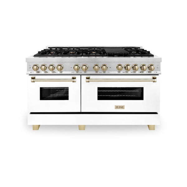 ZLINE Autograph Edition 60 in. 7.4 cu. ft. Legacy Dual Fuel Range with 9 Burner Gas Cooktop and 2 Electric Convection Ovens in Satin Stainless Steel with White Matte Doors and Polished Gold Accents, Open Box-Good Condition