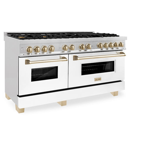 ZLINE Autograph Edition 60 in. 7.4 cu. ft. Legacy Dual Fuel Range with 9 Burner Gas Cooktop and 2 Electric Convection Ovens in Satin Stainless Steel with White Matte Doors and Polished Gold Accents, Open Box-Great Condition