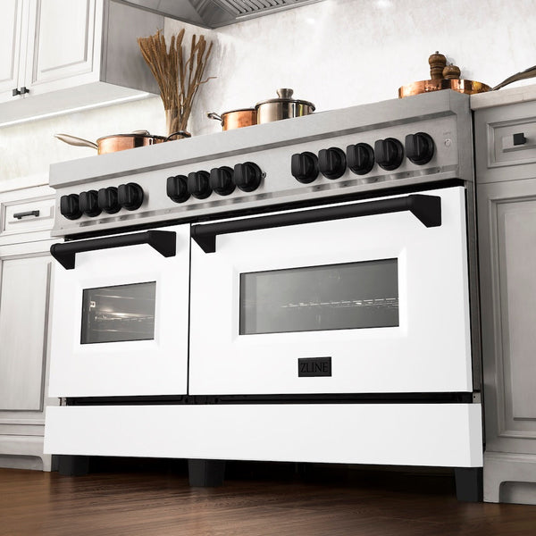ZLINE Autograph Edition 60 in. 7.4 cu. ft. Legacy Dual Fuel Range with 9 Burner Gas Cooktop and 2 Electric Convection Ovens in Satin Stainless Steel with White Matte Doors and Matte Black Accents, Open Box-Good Condition
