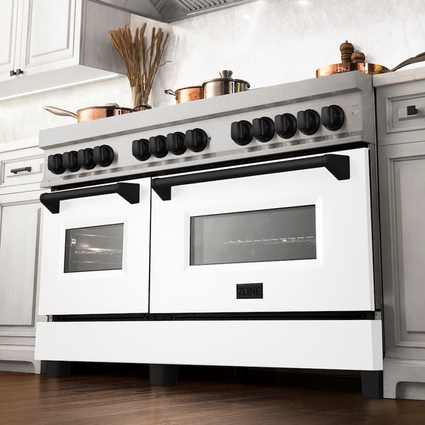 ZLINE Autograph Edition 60 in. 7.4 cu. ft. Legacy Dual Fuel Range with 9 Burner Gas Cooktop and 2 Electric Convection Ovens in Satin Stainless Steel with White Matte Doors and Matte Black Accents, Open Box-Great Condition
