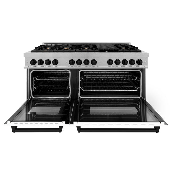 ZLINE Autograph Edition 60 in. 7.4 cu. ft. Legacy Dual Fuel Range with 9 Burner Gas Cooktop and 2 Electric Convection Ovens in Satin Stainless Steel with White Matte Doors and Matte Black Accents, Open Box-Great Condition
