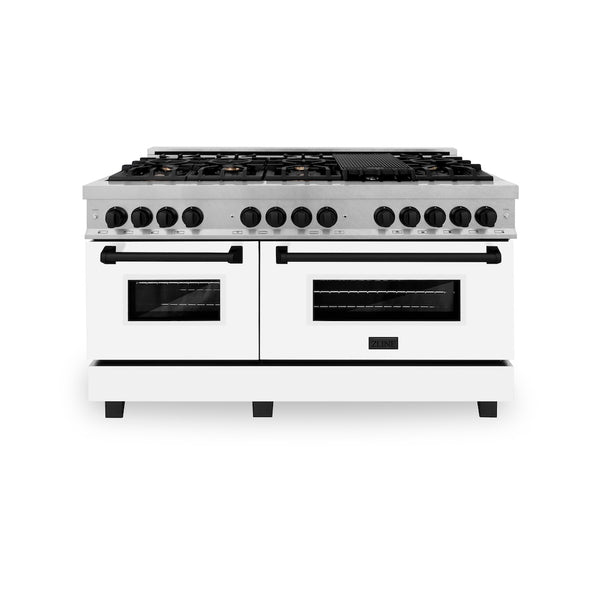 ZLINE Autograph Edition 60 in. 7.4 cu. ft. Legacy Dual Fuel Range with 9 Burner Gas Cooktop and 2 Electric Convection Ovens in Satin Stainless Steel with White Matte Doors and Matte Black Accents, Open Box-Great Condition