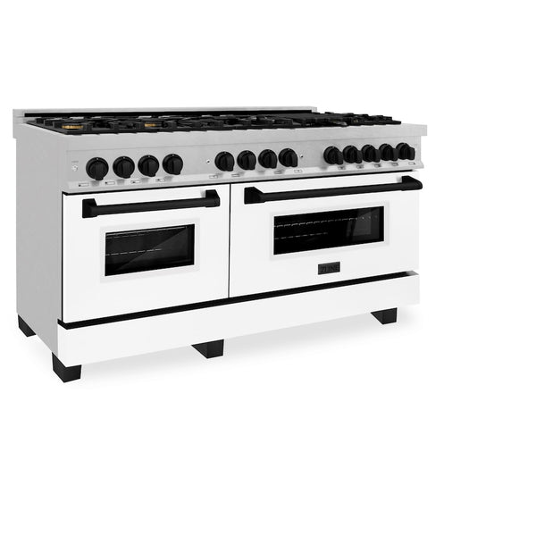 ZLINE Autograph Edition 60 in. 7.4 cu. ft. Legacy Dual Fuel Range with 9 Burner Gas Cooktop and 2 Electric Convection Ovens in Satin Stainless Steel with White Matte Doors and Matte Black Accents, Open Box-Great Condition
