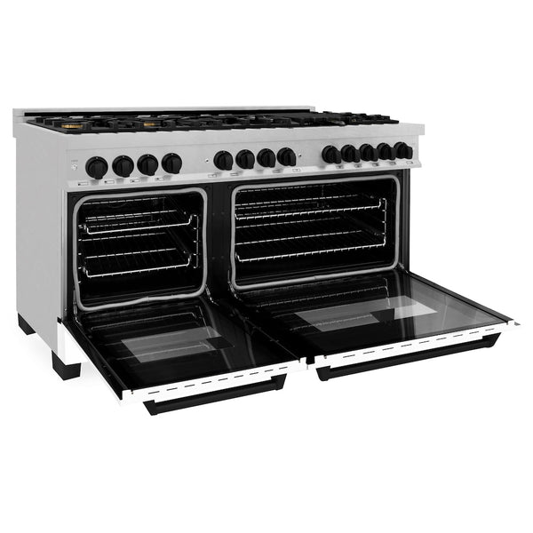 ZLINE Autograph Edition 60 in. 7.4 cu. ft. Legacy Dual Fuel Range with 9 Burner Gas Cooktop and 2 Electric Convection Ovens in Satin Stainless Steel with White Matte Doors and Matte Black Accents, Open Box-Great Condition