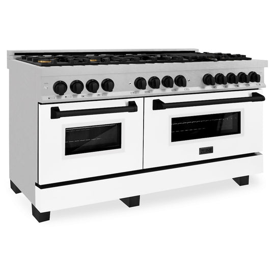 ZLINE Autograph Edition 60 in. 7.4 cu. ft. Legacy Dual Fuel Range with 9 Burner Gas Cooktop and 2 Electric Convection Ovens in Satin Stainless Steel with White Matte Doors and Matte Black Accents, Open Box-Great Condition