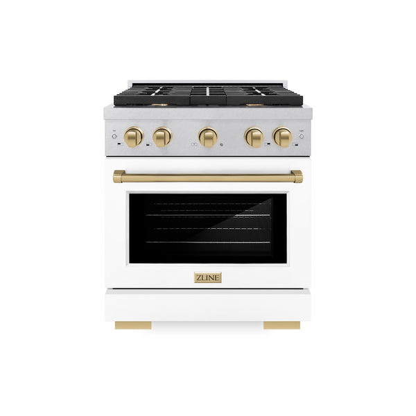 ZLINE Autograph Edition 30 in. 4.2 cu. ft. Paramount Dual Fuel Range with 4 Burner Gas Cooktop and Electric Convection Oven in Satin Stainless Steel with White Matte Door and Champagne Bronze Accents, Open Box-Great Condition