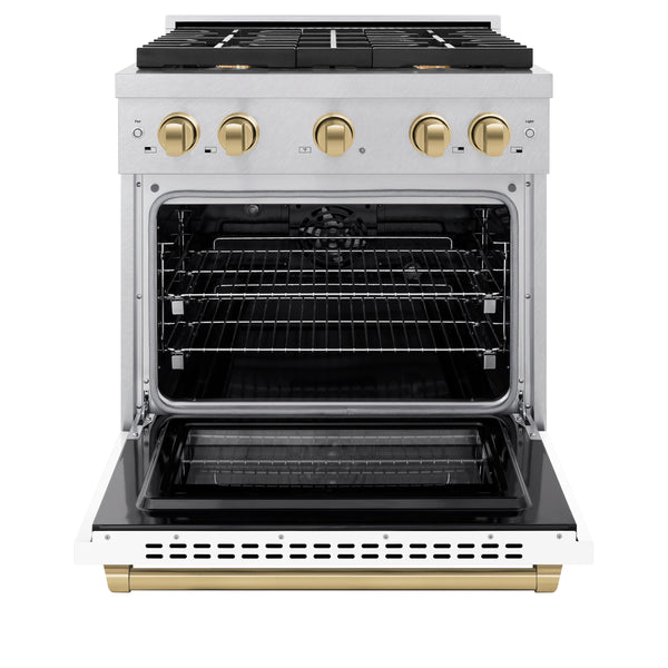 ZLINE Autograph Edition 30 in. 4.2 cu. ft. Paramount Dual Fuel Range with 4 Burner Gas Cooktop and Electric Convection Oven in Satin Stainless Steel with White Matte Door and Champagne Bronze Accents (SDRSZ-WM-30-CB)