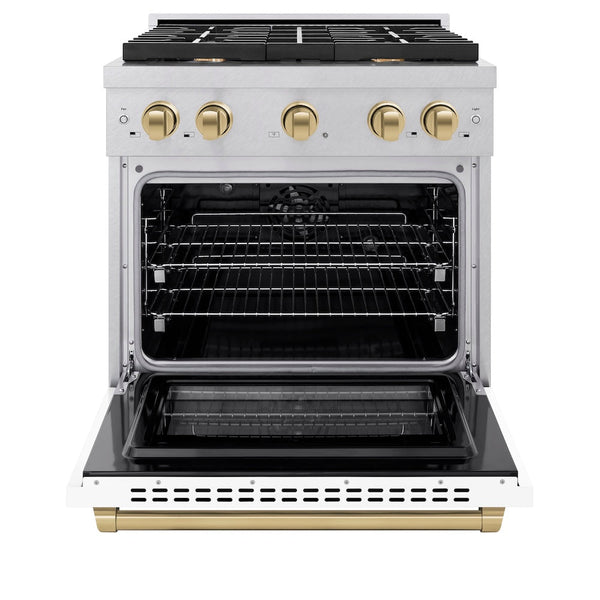 ZLINE Autograph Edition 30 in. 4.2 cu. ft. Paramount Dual Fuel Range with 4 Burner Gas Cooktop and Electric Convection Oven in Satin Stainless Steel with White Matte Door and Champagne Bronze Accents, Open Box-Good Condition
